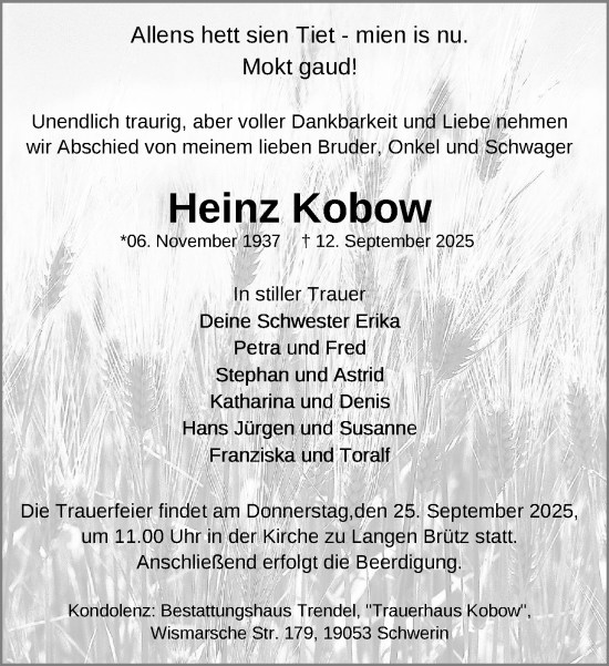 Traueranzeige von Heinz Kobow von Zeitung für die Landeshauptstadt