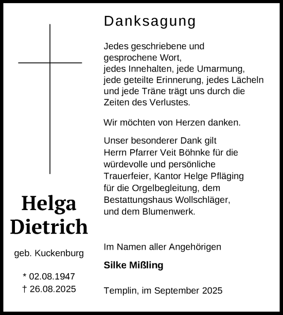 Traueranzeige von Helga Dietrich von Uckermark Kurier Templiner Zeitung