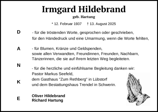 Traueranzeige von Irmgard Hildebrand von Zeitung für die Landeshauptstadt
