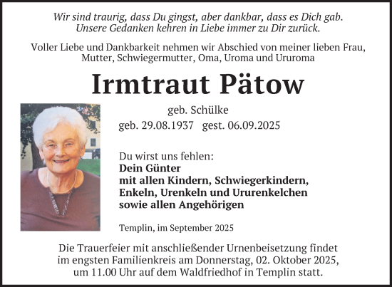 Traueranzeige von Irmtraut Pätow von Uckermark Kurier Templiner Zeitung