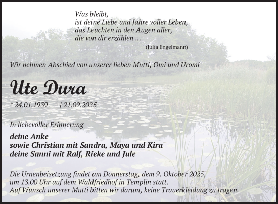 Traueranzeige von Ute Dura von Uckermark Kurier Templiner Zeitung