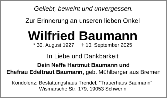 Traueranzeige von Wilfried Baumann von Zeitung für die Landeshauptstadt