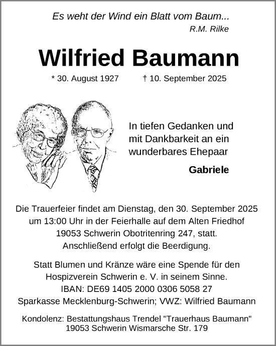 Traueranzeige von Wilfried Baumann von Zeitung für die Landeshauptstadt