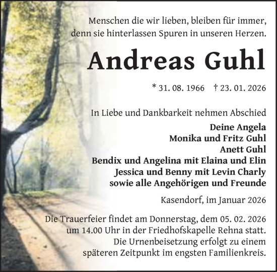 Traueranzeige von Andreas Guhl von Gadebusch - Rehnaer Zeitung