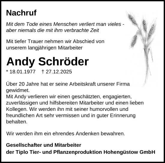 Traueranzeige von Andy Schröder von Uckermark Kurier Prenzlauer Zeitung