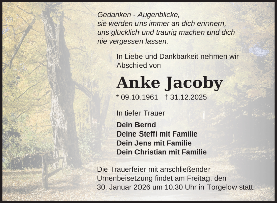 Traueranzeige von Anke Jacoby von Nordkurier Grosso