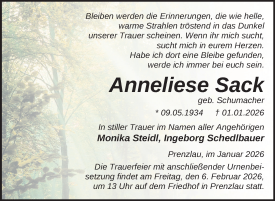 Traueranzeige von Anneliese Sack von Uckermark Kurier Prenzlauer Zeitung