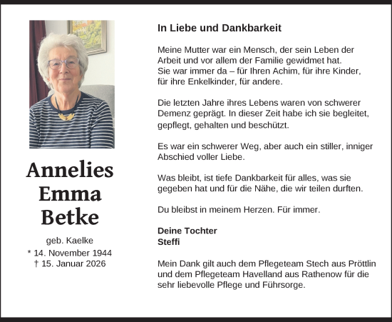 Traueranzeige von Annelies Emma Betke von Der Prignitzer, Prignitz Express