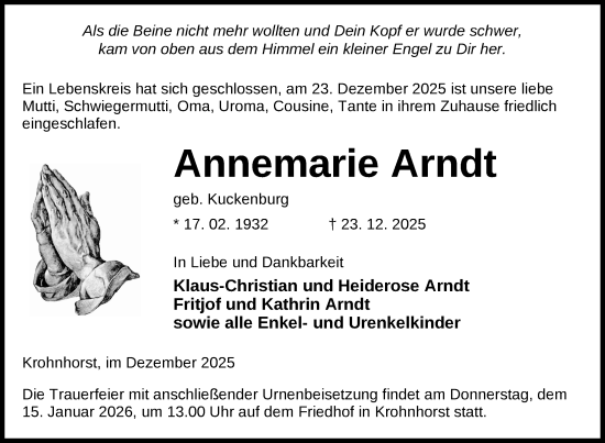 Traueranzeige von Annemarie Arndt von Uckermark Kurier Templiner Zeitung