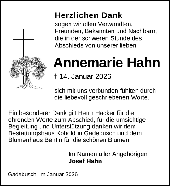 Traueranzeige von Annemarie Hahn von Gadebusch - Rehnaer Zeitung