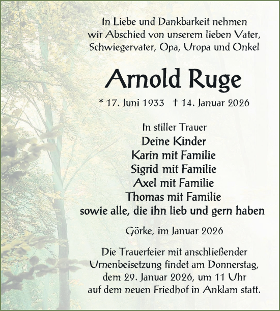 Traueranzeige von Arnold Ruge von Nordkurier Vorpommern Kurier