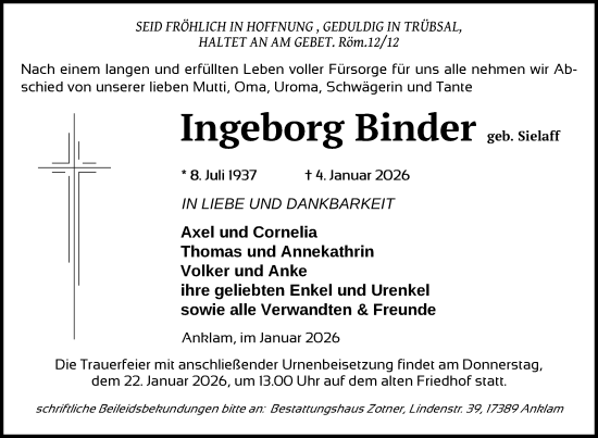 Traueranzeige von Ingeborg Binder von Nordkurier Vorpommern Kurier