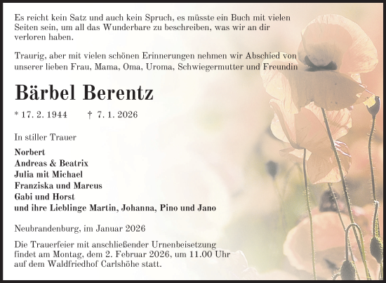 Traueranzeige von Bärbel Berentz von Nordkurier Neubrandenburger Zeitung