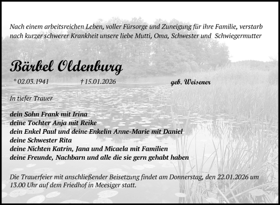 Traueranzeige von Bärbel Oldenburg von Nordkurier Demminer Zeitung