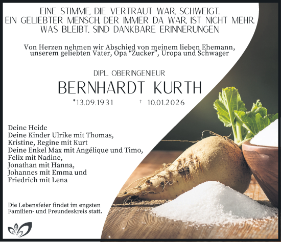 Traueranzeige von Bernhardt Kurth von Güstrow und Bützow