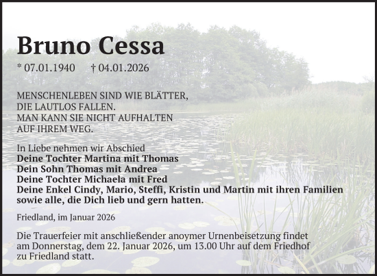 Traueranzeige von Bruno Cessa von Nordkurier Neubrandenburger Zeitung