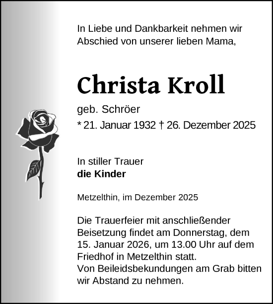Traueranzeige von Christa Kroll von Uckermark Kurier Templiner Zeitung