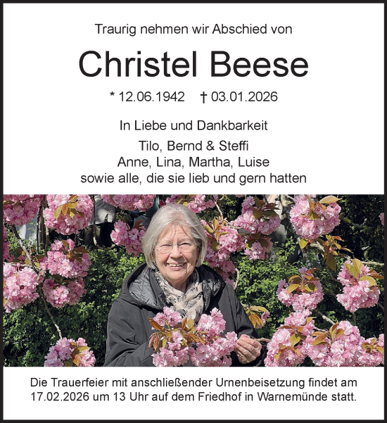 Traueranzeige von Christel Beese von Norddeutsche Neueste Nachrichten