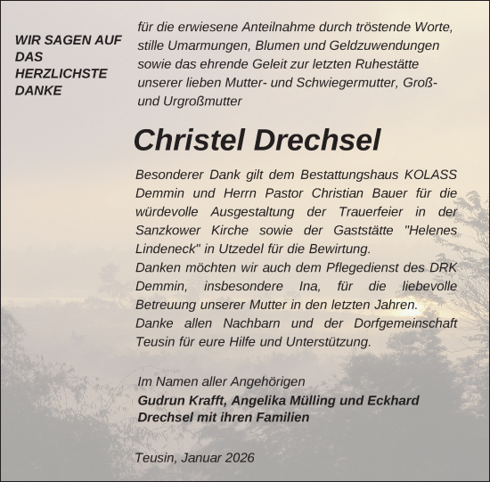 Traueranzeige von Christel Drechsel von Nordkurier Demminer Zeitung