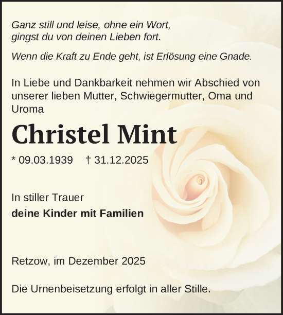 Traueranzeige von Christel Mint von Nordkurier Mecklenburger Schweiz