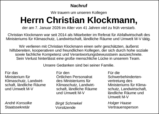 Traueranzeige von Christian Klockmann von Zeitung für die Landeshauptstadt