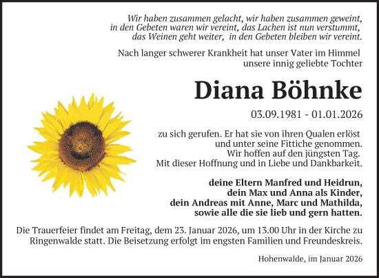 Traueranzeige von Diana Böhnke von Uckermark Kurier Templiner Zeitung