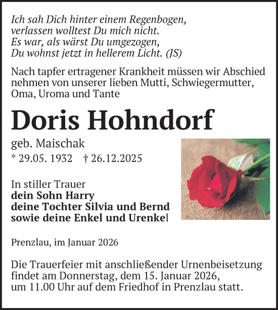 Traueranzeige von Doris Hohndorf von Uckermark Kurier Prenzlauer Zeitung