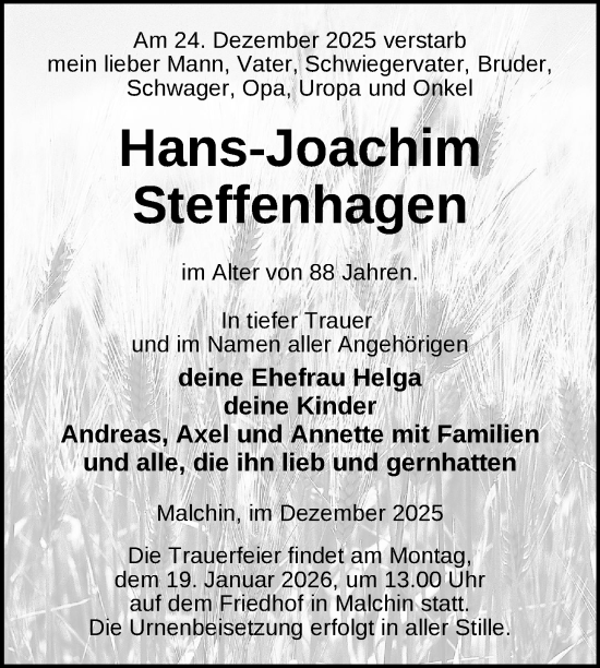 Traueranzeige von Hans-Joachim Steffenhagen von Nordkurier Mecklenburger Schweiz