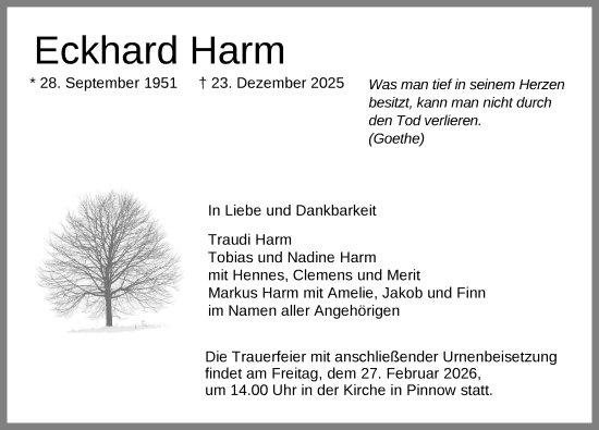 Traueranzeige von Eckhard Harm von Zeitung für die Landeshauptstadt