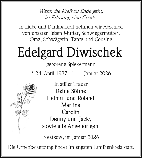 Traueranzeige von Edelgard Diwischek von Nordkurier Vorpommern Kurier