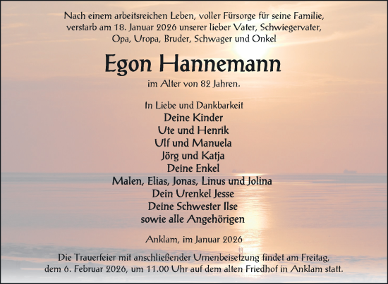 Traueranzeige von Egon Hannemann von Nordkurier Vorpommern Kurier