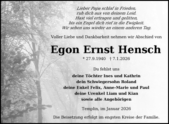Traueranzeige von Egon Ernst Hensch von Uckermark Kurier Templiner Zeitung