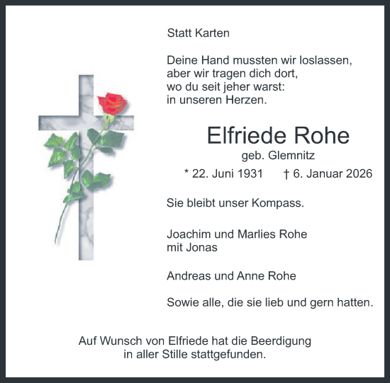 Traueranzeige von Elfriede Rohe von Nordkurier Haff-Zeitung