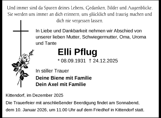 Traueranzeige von Elli Pflug von Nordkurier Mecklenburger Schweiz