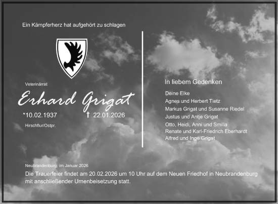 Traueranzeige von Erhard Grigat von Nordkurier Neubrandenburger Zeitung
