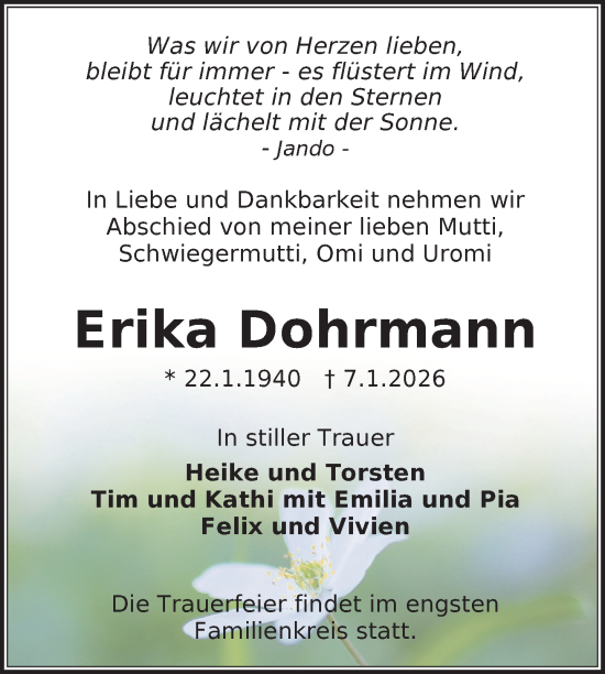 Traueranzeige von Erika Dohrmann von Nordkurier Neubrandenburger Zeitung
