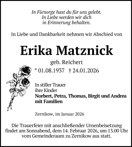 Traueranzeige von Erika Matznick von Uckermark Kurier Prenzlauer Zeitung