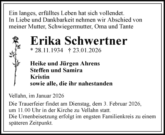 Traueranzeige von Erika Schwertner von Hagenower Kreisblatt