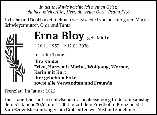 Traueranzeige von Erna Bloy von Uckermark Kurier Prenzlauer Zeitung