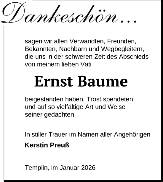 Traueranzeige von Ernst Baume von Uckermark Kurier Prenzlauer Zeitung