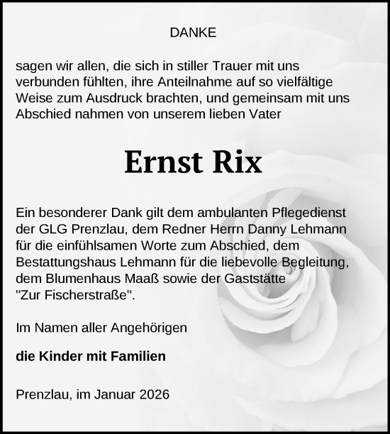 Traueranzeige von Ernst Rix von Uckermark Kurier Prenzlauer Zeitung
