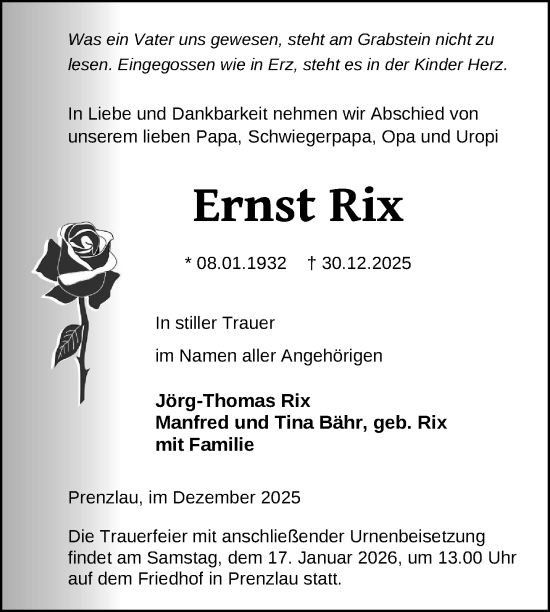 Traueranzeige von Ernst Rix von Uckermark Kurier Prenzlauer Zeitung