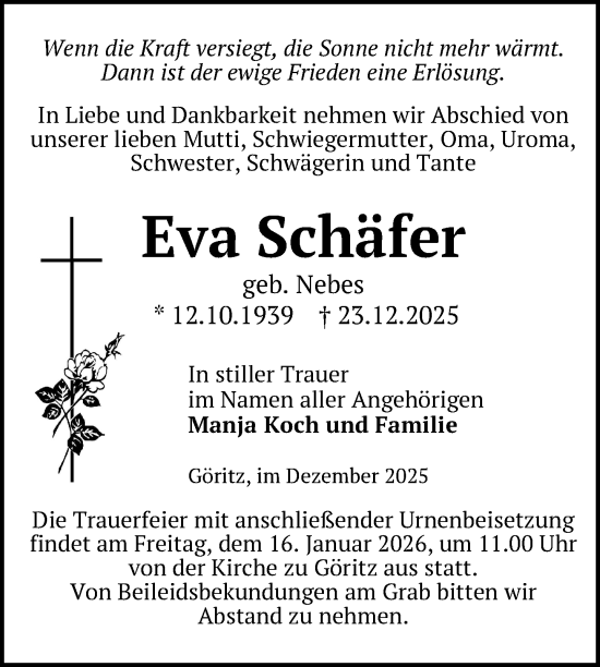 Traueranzeige von Eva Schäfer von Uckermark Kurier Prenzlauer Zeitung