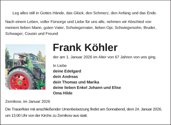 Traueranzeige von Frank Köhler von Uckermark Kurier Prenzlauer Zeitung