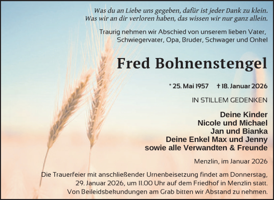 Traueranzeige von Fred Bohnenstengel von Nordkurier Vorpommern Kurier