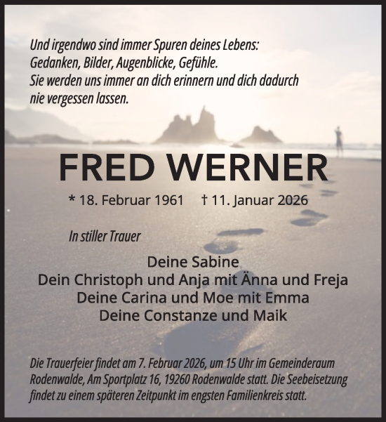 Traueranzeige von Fred Werner von Hagenower Kreisblatt