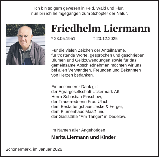 Traueranzeige von Friedhelm Liermann von Uckermark Kurier Prenzlauer Zeitung