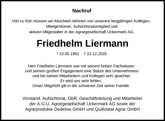 Traueranzeige von Friedhelm Liermann von Uckermark Kurier Prenzlauer Zeitung