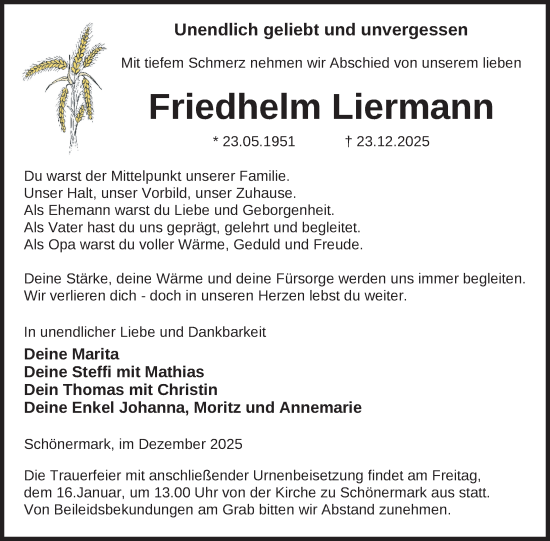 Traueranzeige von Friedhelm Liermann von Uckermark Kurier Prenzlauer Zeitung