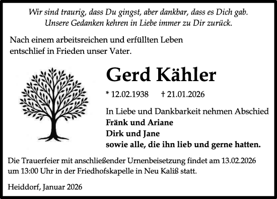 Traueranzeige von Gerd Kähler von Ludwigsluster Tageblatt